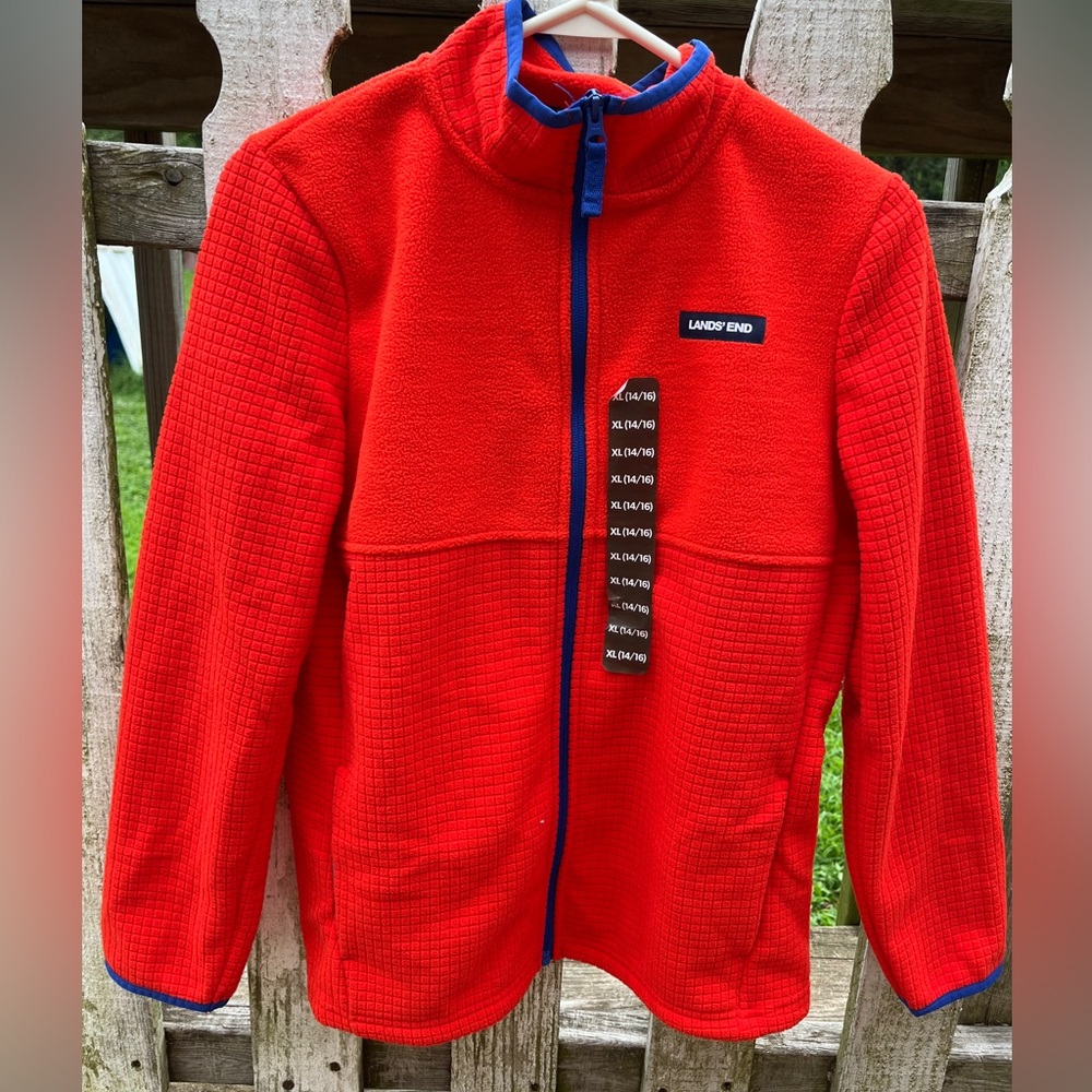 NWT Lands' End Vibrant Red Fleece Jacket with Blue Accents size 14-16 xl